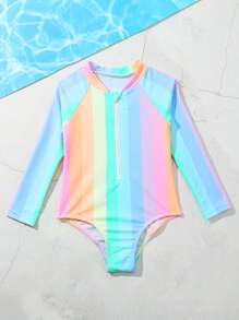 Toddler Girls Rainbow Striped Raglan Sleeve One Piece Swimsuit - Multicolor - View 4
