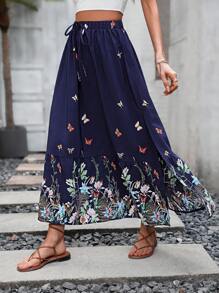 SHEIN VCAY Floral Print Knot Front Ruffle Hem Split Thigh Skirt - Blue - View 1