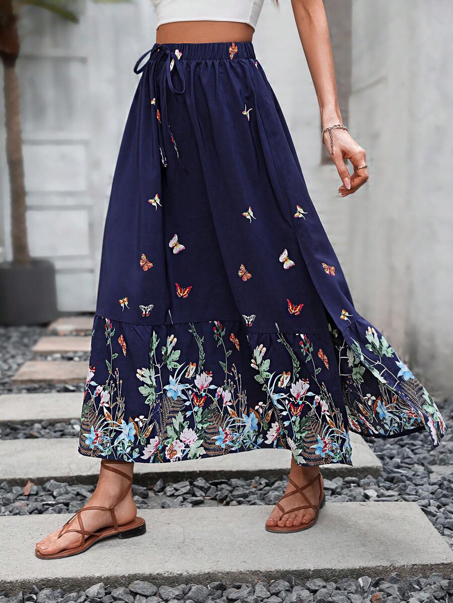 SHEIN VCAY Floral Print Knot Front Ruffle Hem Split Thigh Skirt - Blue - View 1