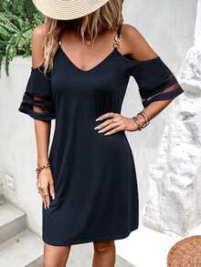 SHEIN LUNE Vestido estilo camiseta de malla en contraste de hombros descubiertos - Azul Marino - Ver 5