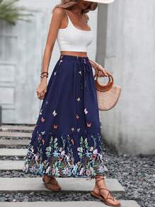 SHEIN VCAY Floral Print Knot Front Ruffle Hem Split Thigh Skirt - Blue - View 5