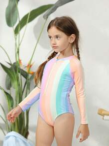 Toddler Girls Rainbow Striped Raglan Sleeve One Piece Swimsuit - Multicolor - View 5