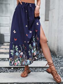 SHEIN VCAY Floral Print Knot Front Ruffle Hem Split Thigh Skirt - Blue - View 6