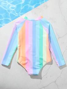 Toddler Girls Rainbow Striped Raglan Sleeve One Piece Swimsuit - Multicolor - View 6