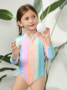 Toddler Girls Rainbow Striped Raglan Sleeve One Piece Swimsuit - Multicolor - View 7