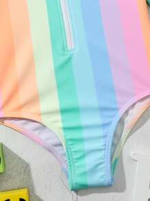 Toddler Girls Rainbow Striped Raglan Sleeve One Piece Swimsuit - Multicolor - View 8