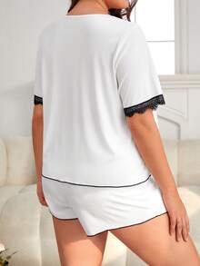 Conjunto de pijama con encaje en contraste de cuello cuadrado con lazo delantero - Blanco - Ver 2