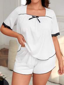 Conjunto de pijama con encaje en contraste de cuello cuadrado con lazo delantero - Blanco - Ver 4