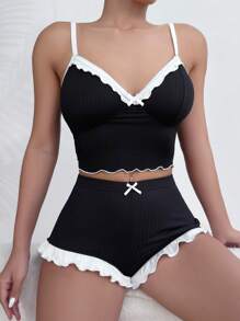 生菜叶装饰吊带上衣和蝴蝶结前短裤睡衣套装/睡衣套装假日季节 - 黑色 - 查看 3