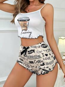 Coffee & Letter Graphic Lettuce Trim Cami Top & Shorts PJ Set - Multicolor - View 5