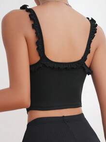 Frill Trim Ruched Bust Cami Top - Black - View 2