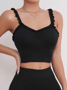 Frill Trim Ruched Bust Cami Top - Black - View 1