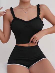 Frill Trim Ruched Bust Cami Top - Black - View 4