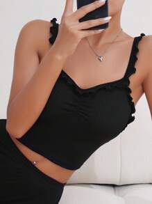 Frill Trim Ruched Bust Cami Top - Black - View 5