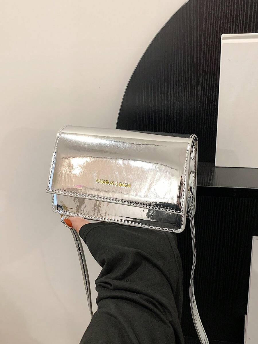 Mini Metallic Letter Graphic Flap Square Bag Funky - Silver - View 1