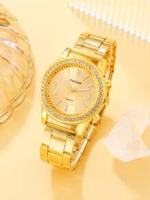 1pc Rhinestone Decor Quartz Watch & 1pc Bracelet - Gold - View 2
