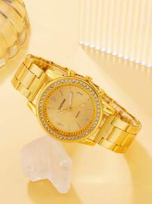 1pc Rhinestone Decor Quartz Watch & 1pc Bracelet - Gold - View 3