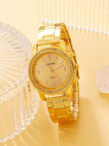 1pc Rhinestone Decor Quartz Watch & 1pc Bracelet - Gold - View 4