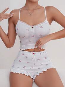 Bộ đồ ngủ Nữ Nơ Bướm Tương phản ren Ren lên Viên lá sen Hoa - trắng - Xem 2