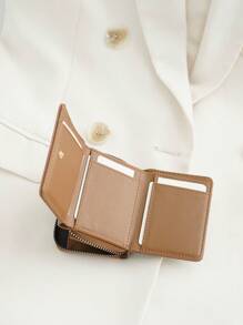简约拉链三折迷你轻薄多层便携式身份证信用卡多功能现金卡夹简约时尚现代商务周年纪念情人节生日礼物礼物情侣女士女孩女士男士男士礼品包女士钱包钱包小钱包 - 棕色 - 查看 3