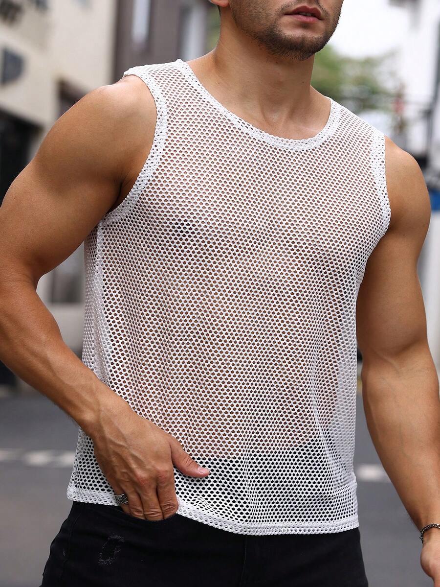 Manfinity Homme Men Solid Fishnet Mesh Tank Top - White - View 1