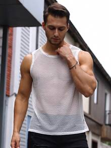 Manfinity Homme Men Solid Fishnet Mesh Tank Top - White - View 3
