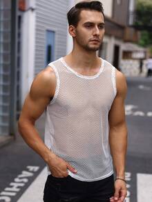 Manfinity Homme Men Solid Fishnet Mesh Tank Top - White - View 4