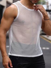 Manfinity Homme Men Solid Fishnet Mesh Tank Top - White - View 5