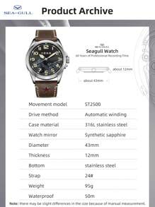 SEA-GULL 1pc Men Star Decor Brown PU Polyurethane Strap Fashion Water Resistant Round Dial Mechanical Watch, For Daily Life - Black - View 3