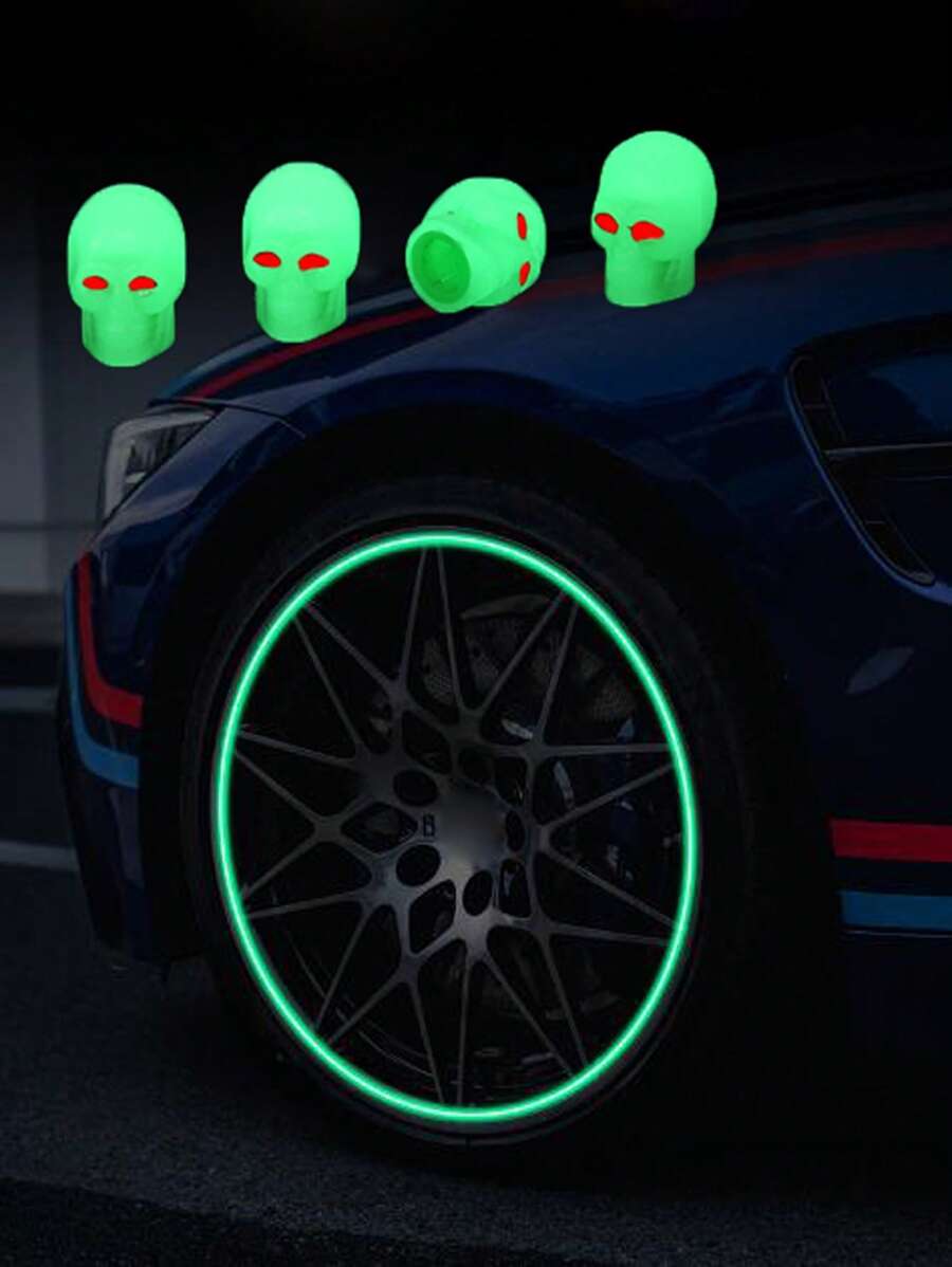 4入組頭骨設計橡膠夜光汽車輪胎氣門嘴蓋 - 綠色 - 查看 1
