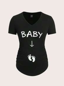 SHEIN Maternity Footprint and Letter Graphic Tee - Black - View 1