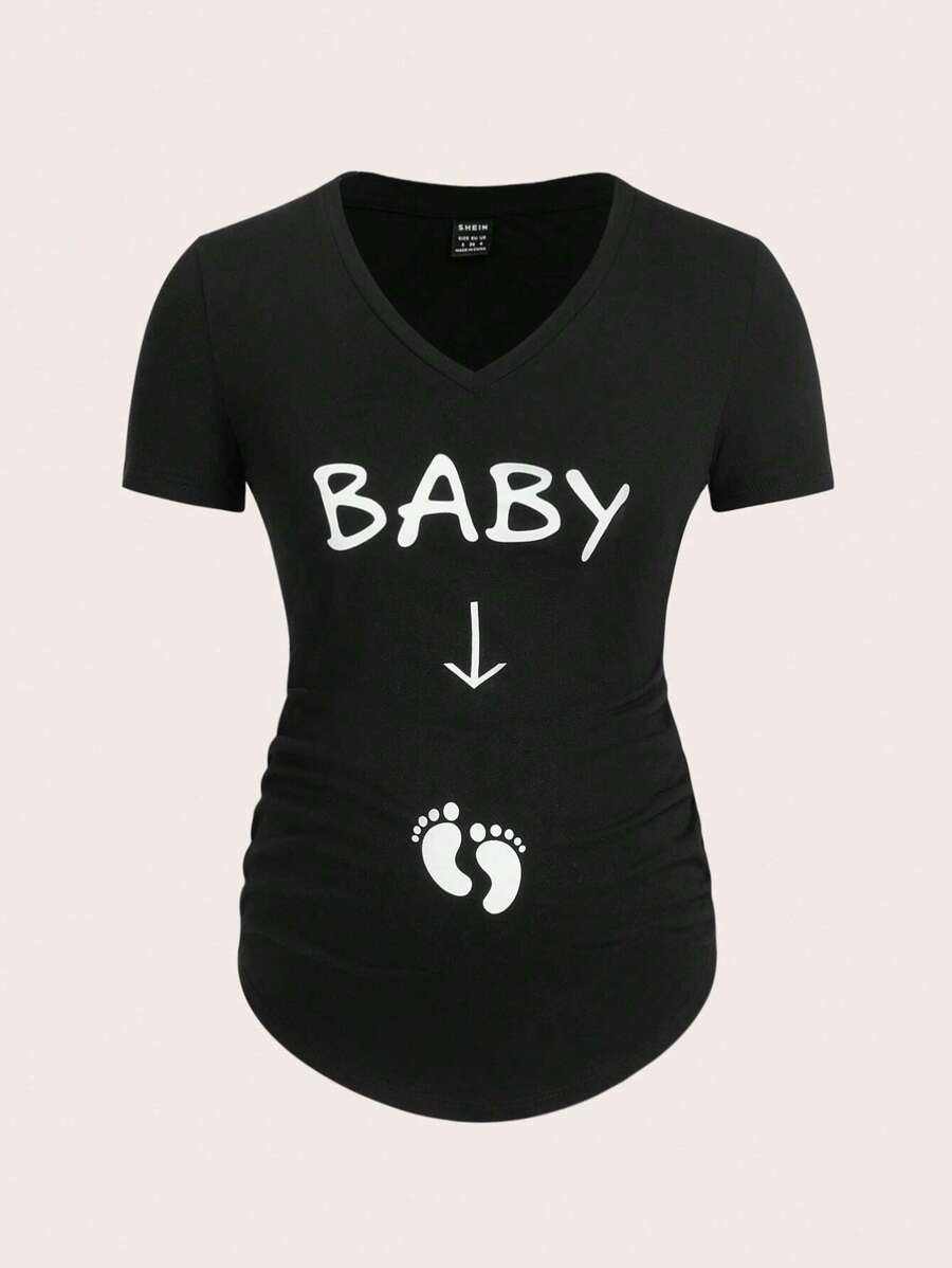 SHEIN Maternity Footprint and Letter Graphic Tee - Black - View 1