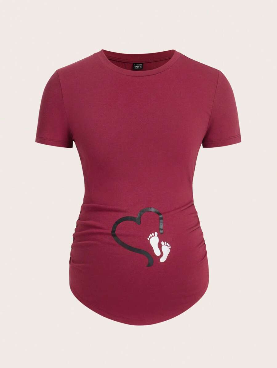 SHEIN 孕婦心和腳印印花褶邊T恤 - 酒紅色 - 查看 1