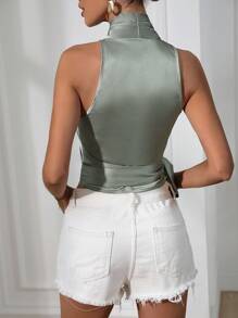 SHEIN Unity Solid Wrap Knot Side Blouse Women Shirt - Mint Green - View 3