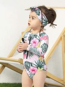 嬰兒女孩熱帶印花拉鍊前開衣式泳裝配頭帶 - 彩色 - 查看 1