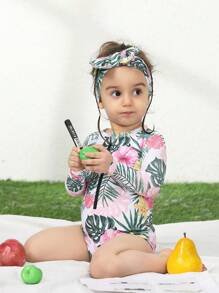 嬰兒女孩熱帶印花拉鍊前開衣式泳裝配頭帶 - 彩色 - 查看 3
