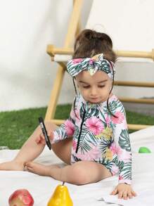 嬰兒女孩熱帶印花拉鍊前開衣式泳裝配頭帶 - 彩色 - 查看 4