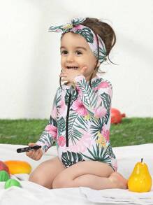 嬰兒女孩熱帶印花拉鍊前開衣式泳裝配頭帶 - 彩色 - 查看 5