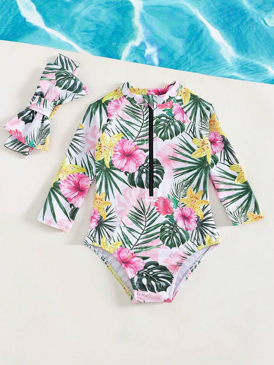 Traje De Baño De Una Pieza Con Estampado Tropical Para Bebé Niña Con Cierre Frontal Con Cremallera Y Banda Para La Cabeza - Multicolor - Ver 1