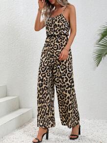 SHEIN VCAY 豹紋印花闊腿吊帶連體褲 - 卡其色 - 查看 3