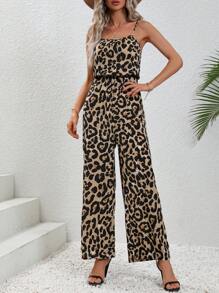 SHEIN VCAY 豹紋印花闊腿吊帶連體褲 - 卡其色 - 查看 4