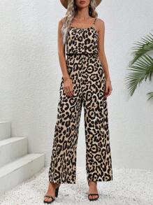 SHEIN VCAY 豹紋印花闊腿吊帶連體褲 - 卡其色 - 查看 5