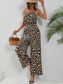 SHEIN VCAY 豹紋印花闊腿吊帶連體褲 - 卡其色 - 查看 6