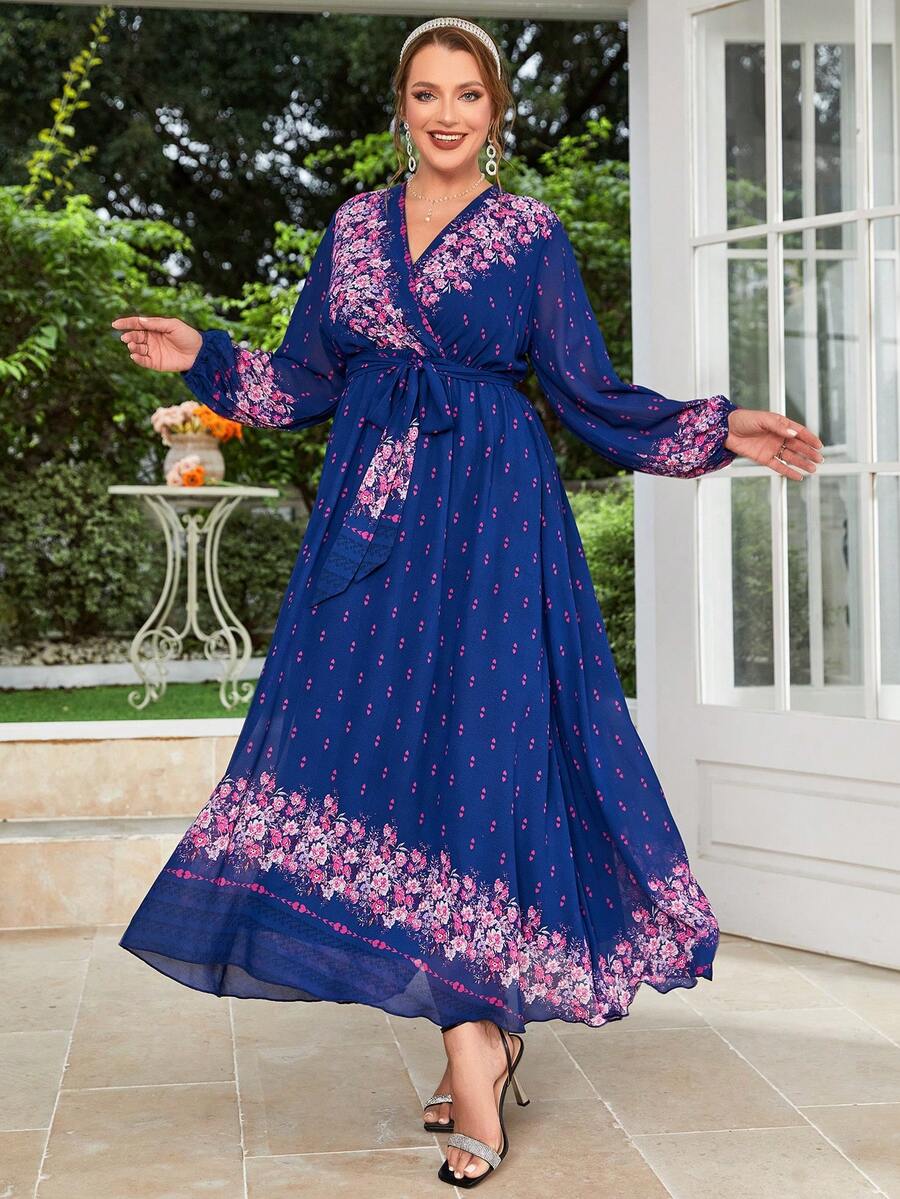 Modelyn Đầm Plus Size Thắt lưng Trọn gói Hoa In ngẫu nhiên Thanh lịch - Màu xanh hải quân - Xem 1