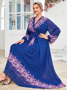 Modelyn Đầm Plus Size Thắt lưng Trọn gói Hoa In ngẫu nhiên Thanh lịch - Màu xanh hải quân - Xem 3