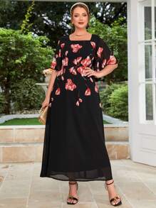 Modelyn Plus Floral Print Square Neck Dress