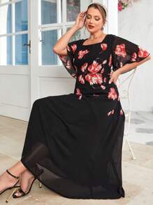 Modelyn Plus Floral Print Square Neck Dress