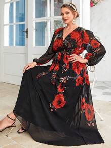 Modelyn 大碼印花腰帶雪紡連衣裙 - 黑色 - 查看 4