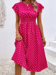 SHEIN Unity 波點圖案蝴蝶袖連衣裙 - 玫紅色 - 查看 1