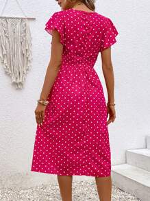 SHEIN Unity 波點圖案蝴蝶袖連衣裙 - 玫紅色 - 查看 2